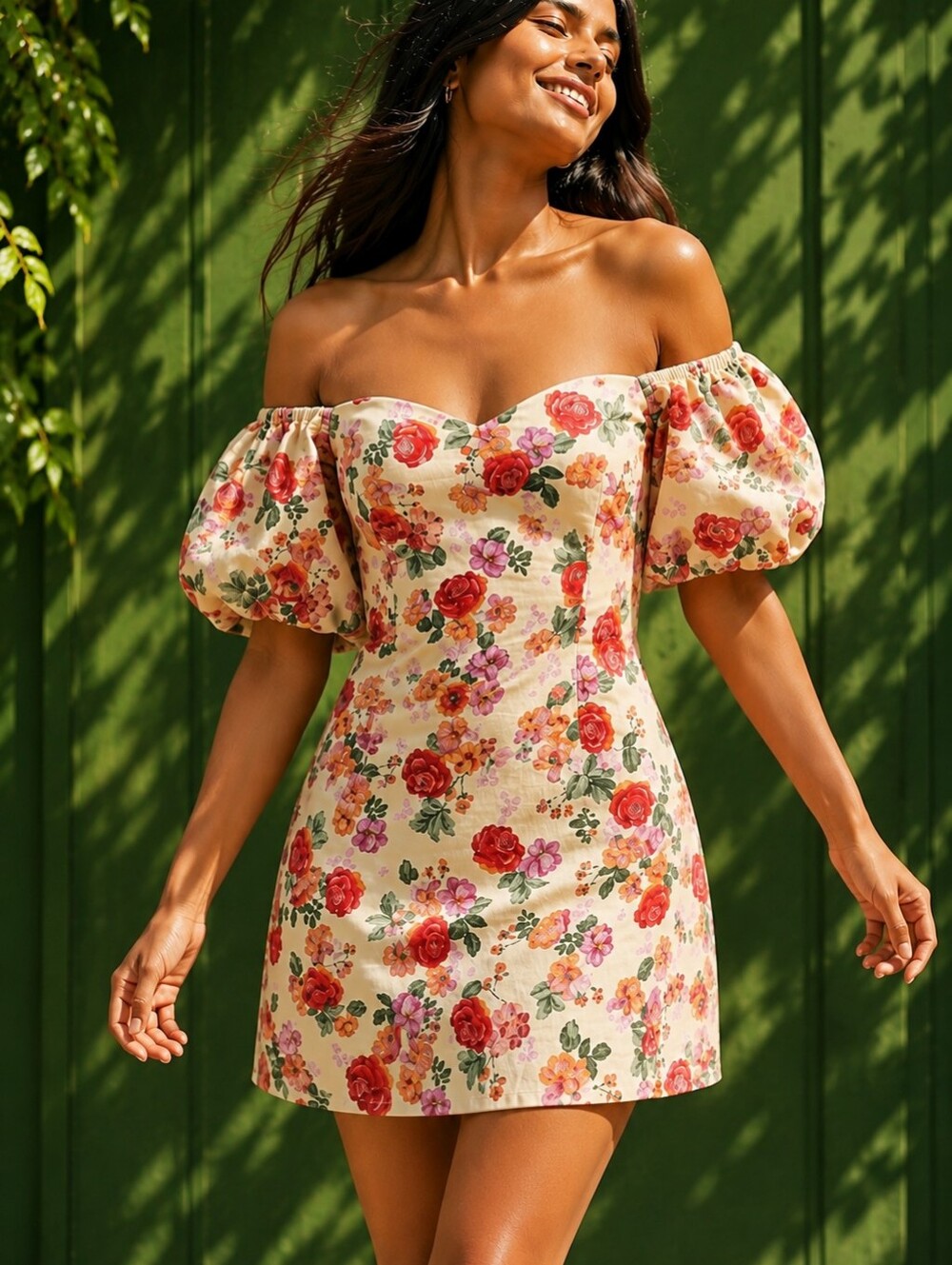 Floral Off Shoulder Cotton Puff Sleeve Mini Dress Romantic Tunic Top Coquette